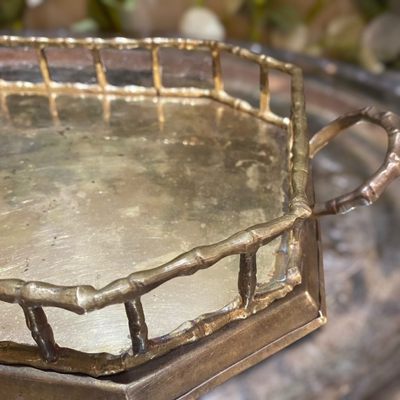 Vintage Brass Tray with Bamboo Design Gallery Edge Old World Hollywood Regency - Picture 4 of 8